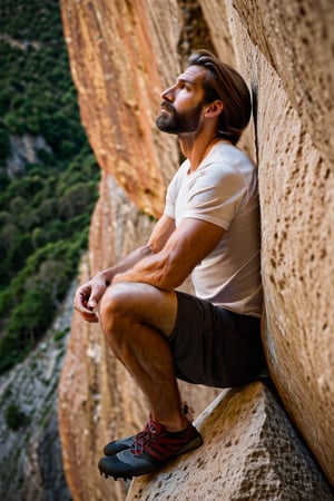 Describe the serene concentration of a 30-something British man, a seasoned white rock climber, as he sits cross-legged before a challenging bouldering wall. Dressed in rock climbing shoes, a crisp white T-shirt, and black shorts, he exudes a calm determination. With focused eyes, he gazes up at the intricate features of the bouldering wall, contemplating his next ascent. Explore the thoughts and emotions that dance within his mind, capturing the essence of the quiet intensity that surrounds this moment of preparation for the upcoming climb,Movie Still