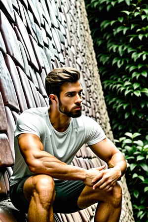 Describe the serene concentration of a 30-something British man, a seasoned white rock climber, as he sits cross-legged before a challenging bouldering wall. Dressed in rock climbing shoes, a crisp white T-shirt, and black shorts, he exudes a calm determination. With focused eyes, he gazes up at the intricate features of the bouldering wall, contemplating his next ascent. Explore the thoughts and emotions that dance within his mind, capturing the essence of the quiet intensity that surrounds this moment of preparation for the upcoming climb,Movie Still,Stylish