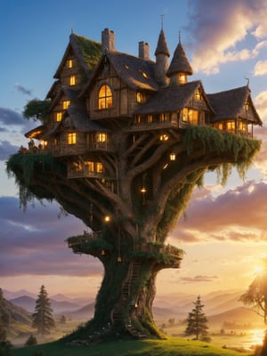 valley, fairytale treehouse village covered, , matte painting, highly detailed, dynamic lighting, cinematic, realism, realistic, photo real, sunset, detailed, high contrast, denoised, centered, michael whelan