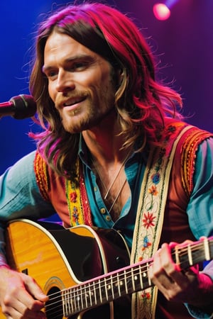 Describe the scene of a charismatic British white rock star in his early thirties, sporting a clean-shaven face, intense blue eyes, and long hair. Dressed in a classic hippie style with vibrant clothing, he stands confidently on a well-lit stage, immersed in the music he creates with his guitar. The atmosphere is electric as a massive crowd cheers and applauds, captivated by his performance. Capture the essence of his connection with the audience and the joy he derives from playing his music.,clean face, blue_eyes,realistic