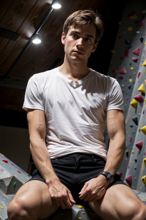 Describe the serene concentration of a 30-something British man, a seasoned white rock climber, as he sits cross-legged before a challenging bouldering wall. Dressed in rock climbing shoes, a crisp white T-shirt, and black shorts, he exudes a calm determination. With focused eyes, he gazes up at the intricate features of the bouldering wall, contemplating his next ascent. Explore the thoughts and emotions that dance within his mind, capturing the essence of the quiet intensity that surrounds this moment of preparation for the upcoming climb,Movie Still,Stylish,clean face, blue_eyes,realistic