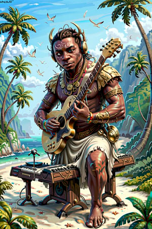 Craft a stable diffusion prompt centered around an African American music producer in a serene coastal setting. Imagine a male musician surrounded by electronic music production equipment, instruments, and gear outdoors, against the backdrop of a beach with coconut trees. Highlight the positivity radiating from the artist and emphasize his short hair and rich, dark skin tone. Encourage the portrayal of a scene where this talented African American musician is deeply engaged in the creative process, expressing his love for music within the beauty of the natural surroundings.






Craft a stable diffusion prompt centered around an African American music producer in a serene coastal setting. Imagine a male musician surrounded by electronic music production equipment, instruments, and gear outdoors, against the backdrop of a beach with coconut trees. Highlight the positivity radiating from the artist and emphasize his short hair and rich, dark skin tone. Encourage the portrayal of a scene where this talented African American musician is deeply engaged in the creative process, expressing his love for music within the beauty of the natural surroundings