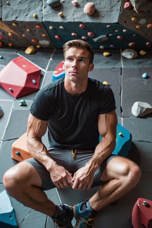 Describe the serene concentration of a 30-something British man, a seasoned white rock climber, as he sits cross-legged before a challenging bouldering wall. Dressed in rock climbing shoes, a crisp white T-shirt, and black shorts, he exudes a calm determination. With focused eyes, he gazes up at the intricate features of the bouldering wall, contemplating his next ascent. Explore the thoughts and emotions that dance within his mind, capturing the essence of the quiet intensity that surrounds this moment of preparation for the upcoming climb,Movie Still,Stylish,clean face, blue_eyes,realistic