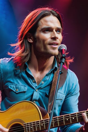 Describe the scene of a charismatic British white rock star in his early thirties, sporting a clean-shaven face, intense blue eyes, and long hair. Dressed in a classic hippie style with vibrant clothing, he stands confidently on a well-lit stage, immersed in the music he creates with his guitar. The atmosphere is electric as a massive crowd cheers and applauds, captivated by his performance. Capture the essence of his connection with the audience and the joy he derives from playing his music.,clean face, blue_eyes,realistic
