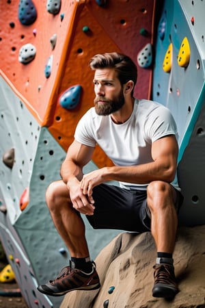 Describe the serene concentration of a 30-something British man, a seasoned white rock climber, as he sits cross-legged before a challenging bouldering wall. Dressed in rock climbing shoes, a crisp white T-shirt, and black shorts, he exudes a calm determination. With focused eyes, he gazes up at the intricate features of the bouldering wall, contemplating his next ascent. Explore the thoughts and emotions that dance within his mind, capturing the essence of the quiet intensity that surrounds this moment of preparation for the upcoming climb,Movie Still,Stylish