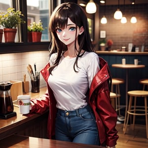 Anime Scene in a Coffee Shop - Iris and Justin at the Counter: Iris, a young woman with long, silky black hair and bright green eyes, is wearing a light blue sweater and white skirt. She is standing at the coffee shop counter, smiling gently as she orders. Beside her is Justin, a tall, slender man with short, spiky blonde hair and deep blue eyes. He's wearing a casual red jacket over a white t-shirt and dark jeans. The coffee shop has a cozy, modern vibe with wooden interiors and potted plants.