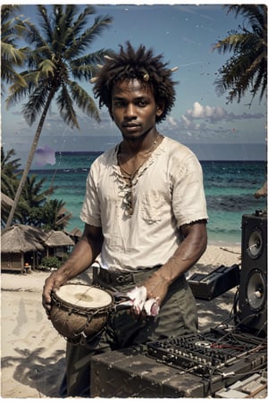 Craft a stable diffusion prompt centered around an African American music producer in a serene coastal setting. Imagine a male musician surrounded by electronic music production equipment, instruments, and gear outdoors, against the backdrop of a beach with coconut trees. Highlight the positivity radiating from the artist and emphasize his short hair and rich, dark skin tone. Encourage the portrayal of a scene where this talented African American musician is deeply engaged in the creative process, expressing his love for music within the beauty of the natural surroundings.






Craft a stable diffusion prompt centered around an African American music producer in a serene coastal setting. Imagine a male musician surrounded by electronic music production equipment, instruments, and gear outdoors, against the backdrop of a beach with coconut trees. Highlight the positivity radiating from the artist and emphasize his short hair and rich, dark skin tone. Encourage the portrayal of a scene where this talented African American musician is deeply engaged in the creative process, expressing his love for music within the beauty of the natural surroundings