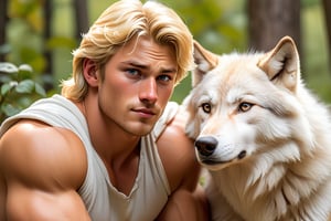 (Photorealistic), (portrait of Blake), (handsome blonde man), (muscular physique), (assertive yet kind expression), (falling in love), (white wolf princess), (emotional connection), (learning and growth), (dominance to empathy transition), (little brothers' sacrifice), (updating from hierarchy to wolf pack equality), (true king), (better world), (emotional atmosphere), (soft natural lighting), (detailed facial features), (emotionally resonant scene), (storytelling composition)