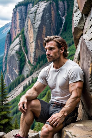 Describe the serene concentration of a 30-something British man, a seasoned white rock climber, as he sits cross-legged before a challenging bouldering wall. Dressed in rock climbing shoes, a crisp white T-shirt, and black shorts, he exudes a calm determination. With focused eyes, he gazes up at the intricate features of the bouldering wall, contemplating his next ascent. Explore the thoughts and emotions that dance within his mind, capturing the essence of the quiet intensity that surrounds this moment of preparation for the upcoming climb