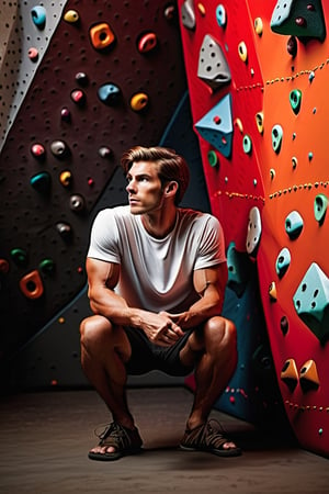 Describe the serene concentration of a 30-something British man, a seasoned white rock climber, as he sits cross-legged before a challenging bouldering wall. Dressed in rock climbing shoes, a crisp white T-shirt, and black shorts, he exudes a calm determination. With focused eyes, he gazes up at the intricate features of the bouldering wall, contemplating his next ascent. Explore the thoughts and emotions that dance within his mind, capturing the essence of the quiet intensity that surrounds this moment of preparation for the upcoming climb,Movie Still,Stylish,clean face,