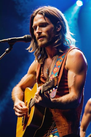 Describe the scene of a charismatic British white rock star in his early thirties, sporting a clean-shaven face, intense blue eyes, and long hair. Dressed in a classic hippie style with vibrant clothing, he stands confidently on a well-lit stage, immersed in the music he creates with his guitar. The atmosphere is electric as a massive crowd cheers and applauds, captivated by his performance. Capture the essence of his connection with the audience and the joy he derives from playing his music.,clean face, blue_eyes,realistic