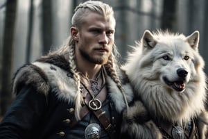 (Realistic-style portrait), (Viking king in his 30s wearing pirate-inspired attire), (Viking princess in her 20s with white hair, wearing pirate-inspired attire), (regal and commanding expressions), (intertwined hands or standing side by side), (detailed Viking pirate clothing), (rich textures and intricate details), (natural and realistic lighting), (fusion of Viking and pirate aesthetics), (royal atmosphere), (authentic character portrayal), (epic composition), (white wolf pack in the background), (detailed fur textures), (forest landscape with moonlight), (highly detailed artwork), (historical and fantasy fusion),photo r3al