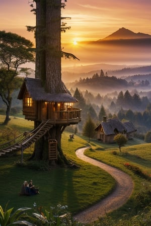 valley, fairytale treehouse village covered, , matte painting, highly detailed, dynamic lighting, cinematic, realism, realistic, photo real, sunset, detailed, high contrast, denoised, centered, michael whelan