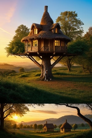 valley, fairytale treehouse village covered, , matte painting, highly detailed, dynamic lighting, cinematic, realism, realistic, photo real, sunset, detailed, high contrast, denoised, centered, michael whelan