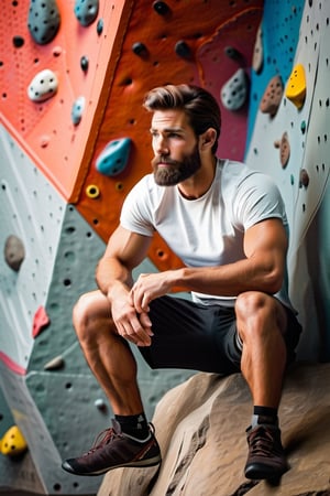 Describe the serene concentration of a 30-something British man, a seasoned white rock climber, as he sits cross-legged before a challenging bouldering wall. Dressed in rock climbing shoes, a crisp white T-shirt, and black shorts, he exudes a calm determination. With focused eyes, he gazes up at the intricate features of the bouldering wall, contemplating his next ascent. Explore the thoughts and emotions that dance within his mind, capturing the essence of the quiet intensity that surrounds this moment of preparation for the upcoming climb,Movie Still,Stylish