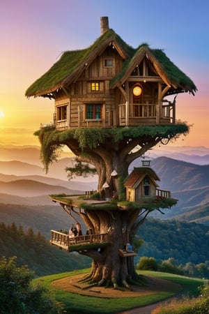 valley, fairytale treehouse village covered, , matte painting, highly detailed, dynamic lighting, cinematic, realism, realistic, photo real, sunset, detailed, high contrast, denoised, centered, michael whelan