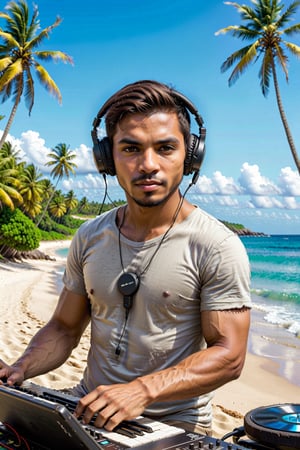 Create a vivid scene for stable diffusion featuring a male music producer immersed in his creative process outdoors, surrounded by the tranquil backdrop of a beach with coconut trees. The setting showcases an array of electronic music production equipment, instruments, and gear. Capture the positive essence of the musician, emphasizing his short hair, and light brown skin. Encourage the artist to express his passion for music freely within this idyllic coastal environment