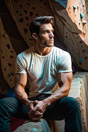 Describe the serene concentration of a 30-something British man, a seasoned white rock climber, as he sits cross-legged before a challenging bouldering wall. Dressed in rock climbing shoes, a crisp white T-shirt, and black shorts, he exudes a calm determination. With focused eyes, he gazes up at the intricate features of the bouldering wall, contemplating his next ascent. Explore the thoughts and emotions that dance within his mind, capturing the essence of the quiet intensity that surrounds this moment of preparation for the upcoming climb,Movie Still,Stylish,clean face,