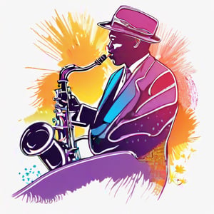 hand drawing artistic lines on white background for Silhouettes of a jazz player, colorful painting, vivid summer colors, one drawing per page, clear shapes and details