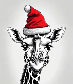 hand drawing black and white giraffe wearing christmas red hat covering the head, big smile and happy look, ultra HD, hi_resolution, high_definition.