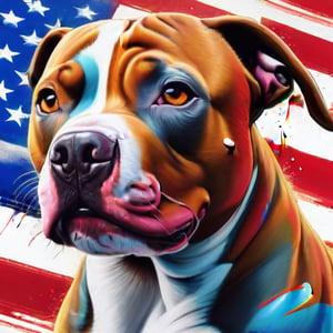 Realistic 3D illustration of a colorful graffiti illustration Colorful American pitbull dog's head liquid paint dropping, American flag background, summer vivid colors, American pitbull bully, high detail, t-shirt design, grafitti, vivid colors, very detailed image