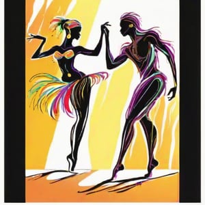 hand drawing artistic lines on white background for Silhouettes of samba a man and a woman dancers, colorful painting, vivid summer colors, one drawing per page.