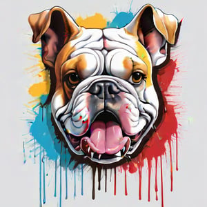 vector t-shirt design ready to print, 3D illustration of a colorful graffiti illustration Colorful Bulldog's head liquid paint dropping, summer colors, white clean background, per vector, high detail, t-shirt design, grafitti, vivid, very detailed image