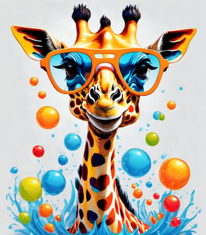 Leonardo Style, illustration, kungfu giraffe in london, giraffe, joyful sea turtle, nice, happy, looking up, water bubbles, white  background, simple background, colored sunglasses, colorful , color splash , pop color, ultra hd,oni style, 3d