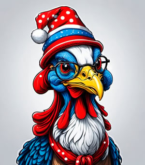 hand drawing black and white turkey wearing christmas red white blue hat covering the head, red rounded glasses, red tie with white small dots, big smile and happy look, ultra HD, hi_resolution, high_definition.