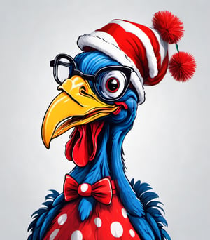 hand drawing black and white turkey wearing christmas red white blue hat covering the head, red rounded glasses, red tie with white small dots, big smile and happy look, ultra HD, hi_resolution, high_definition.