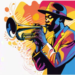 hand drawing artistic lines on white background for Silhouettes of a jazz player, Black Jazz player playing trumpet, Jazz player with hat, colorful painting, vivid summer colors, one drawing per page, clear shapes and details