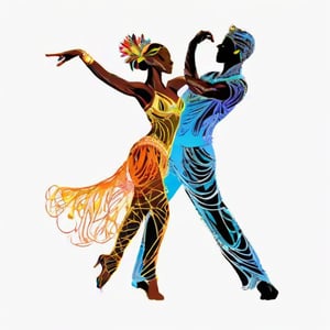 hand drawing artistic lines on white background for Silhouettes of samba a man and a woman dancers, colorful painting, vivid summer colors, one drawing per page.