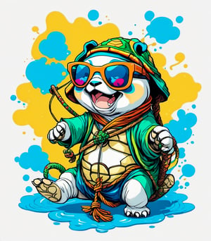 Leonardo Style, illustration, kungfu turtle, turtle, morning panda, nice, happy, looking up, climbing rope, white  background, simple background, colored sunglasses, colorful , color splash , pop color, ultra hd,oni style