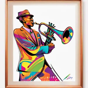 hand drawing artistic lines on white background for Silhouettes of a jazz player, colorful painting, vivid summer colors, one drawing per page, clear shapes and details