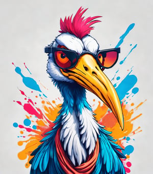 Leonardo Style, illustration, kungfu stork in london, stork, , tired looking, sideeye look, badmorning look, white  background, simple background, colored sunglasses, colorful , color splash , pop color, ultra hd,oni style, 3d