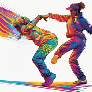 hand drawing artistic lines on white background for Silhouettes of  a man and a woman Hip-Hop dancers, colorful painting, vivid summer colors, one drawing per page.