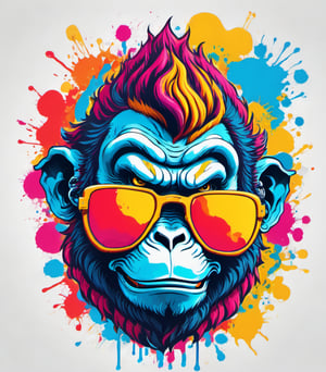 Leonardo Style, illustration, kungfu ape in london, ape, joyful ape, nice, happy, looking up, white  background, simple background, colored sunglasses, colorful , color splash , pop color, ultra hd,oni style, 3d