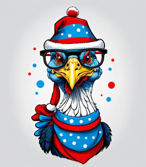 hand drawing black and white turkey wearing christmas red white blue hat covering the head, red rounded glasses, red tie with white small dots, big smile and happy look, ultra HD, hi_resolution, high_definition.