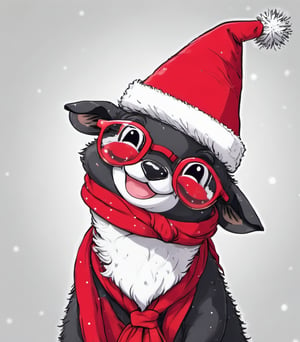 hand drawing black and white giraffe wearing christmas red hat covering the head, red rounded glasses, red tie with white small dots, big smile and happy look, ultra HD, hi_resolution, high_definition.