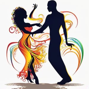 hand drawing artistic lines on white background for Silhouettes of samba a man and a woman dancers, colorful painting, vivid summer colors, one drawing per page.