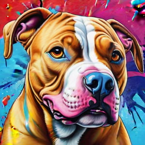 Realistic 3D illustration of a colorful graffiti illustration Colorful American pitbull dog's head liquid paint dropping, American flag background, summer vivid colors, American pitbull bully, high detail, t-shirt design, grafitti, vivid colors, very detailed image