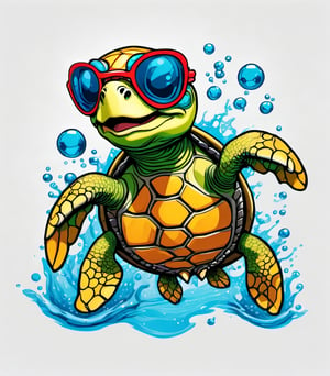 Leonardo Style, illustration, kungfu turtle, sea turtle, joyful sea turtle, nice, happy, looking up, water bubbles, white  background, simple background, colored sunglasses, colorful , color splash , pop color, ultra hd,oni style