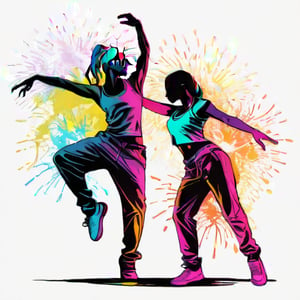 hand drawing artistic lines on white background for Silhouettes of  a man and a woman Hip-Hop dancers, colorful painting, vivid summer colors, one drawing per page.