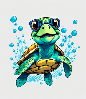 Leonardo Style, illustration, kungfu turtle, sea turtle, joyful sea turtle, nice, happy, looking up, water bubbles, white  background, simple background, colored sunglasses, colorful , color splash , pop color, ultra hd,oni style