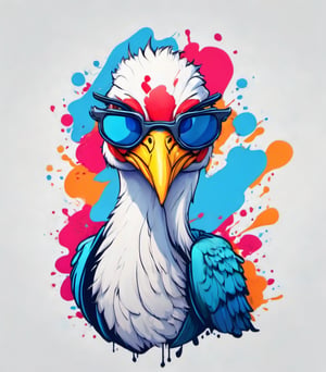 Leonardo Style, illustration, kungfu stork in london, stork, , tired looking, sideeye look, badmorning look, white  background, simple background, colored sunglasses, colorful , color splash , pop color, ultra hd,oni style, 3d