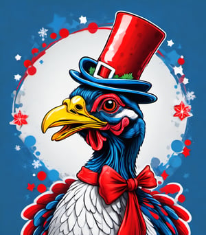 hand drawing black and white turkey wearing christmas red white blue hat covering the head, red rounded glasses, red tie with white small dots, big smile and happy look, ultra HD, hi_resolution, high_definition.