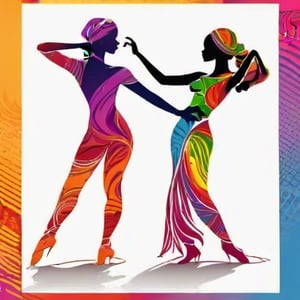 hand drawing artistic lines on white background for Silhouettes of samba a man and a woman dancers, colorful painting, vivid summer colors, one drawing per page.