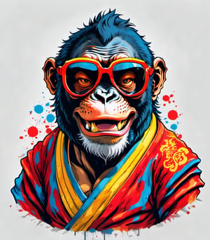 Leonardo Style, illustration, kungfu ape in london, ape, joyful ape, nice, happy, looking up, white  background, simple background, colored sunglasses, colorful , color splash , pop color, ultra hd,oni style, 3d