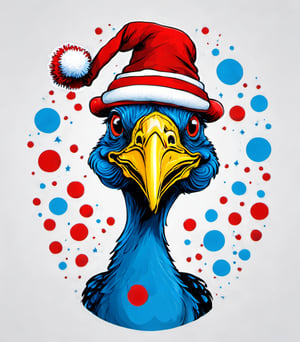 hand drawing black and white turkey wearing christmas red white blue hat covering the head, red rounded glasses, red tie with white small dots, big smile happy looking eyes, ultra HD, hi_resolution, high_definition.