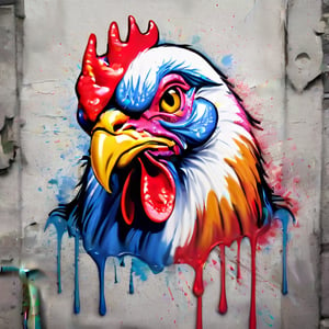 Realistic 3D illustration of a colorful graffiti illustration Colorful rooster's head liquid paint dropping, French flag background, summer vivid colors, American pitbull bully, high detail, t-shirt design, grafitti, vivid colors, very detailed image